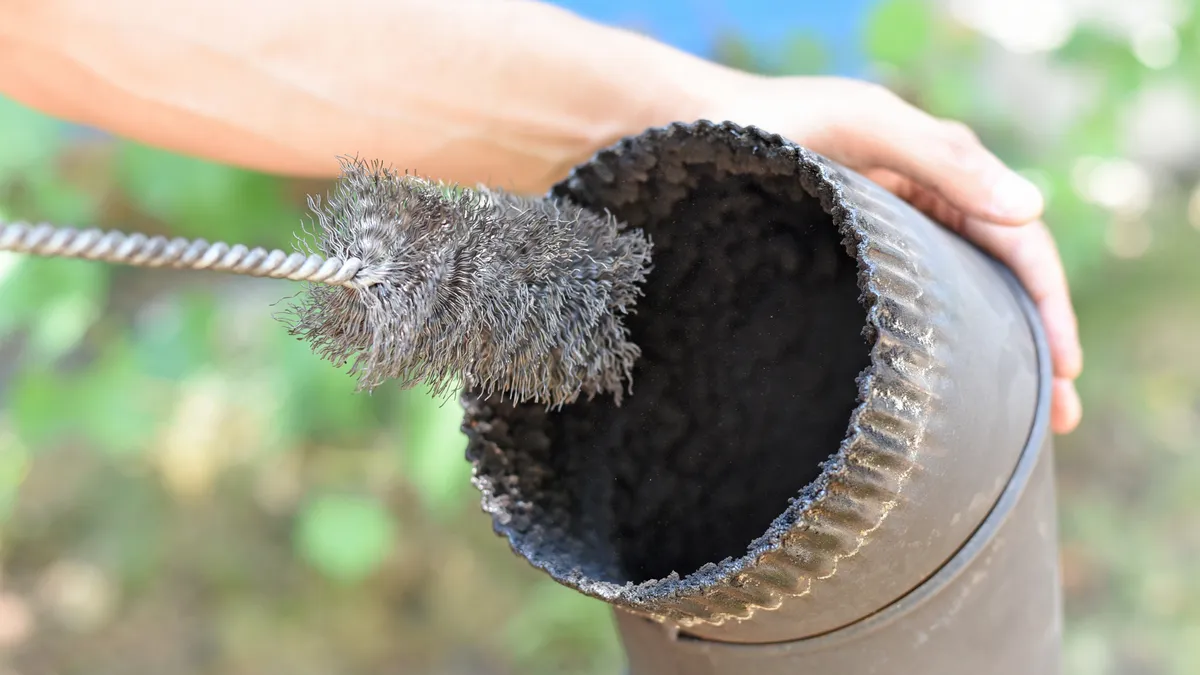 A wire chimney brush being pushed into a soot-coated wood stove pipe elbow.
